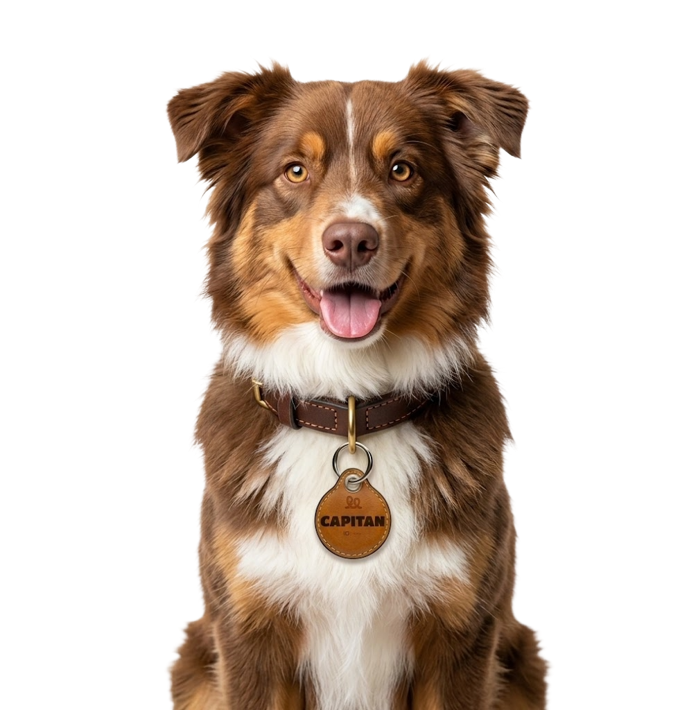Foto vertical: la placa Wollo Tag en el collar de la mascota